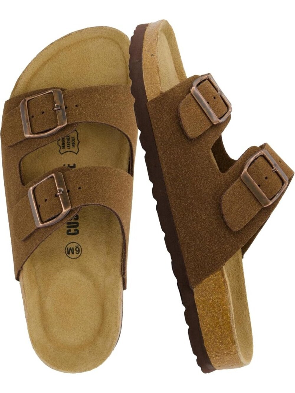 Women's Brown Suede Footbed Sandals Comfort Double Buckle Two Strap Flats Shoes